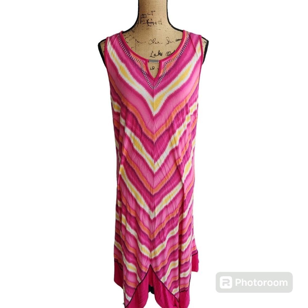 Catherine's‎ Maxi Dress Wmns SZ 1X Rainbow Keyhole Neck Hankerchief Hem Bold